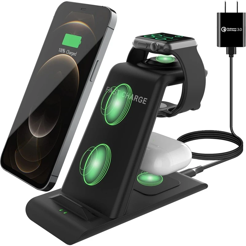 Station de Charge Rapide Sans Fil 5-en-1 Earldom ET-WC50 – Support Magnétique 15W pour Smartphone, Watch et Écouteurs avec Lumière d'Ambiance