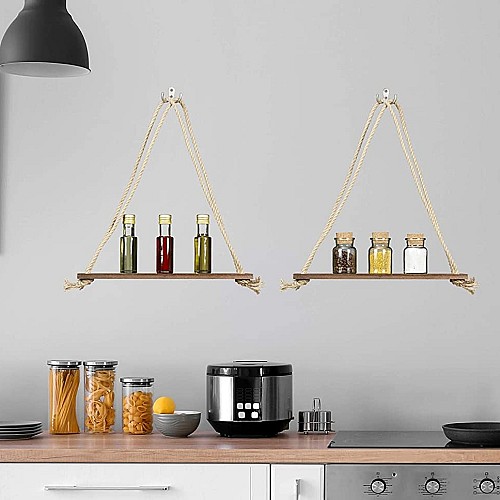 Etagere murale suspendue en bois Naturelle avec corde de jute