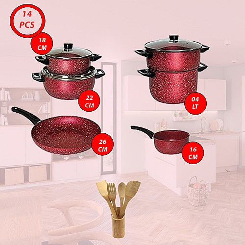 Batterie de cuisine Cook'art 14 pièces - Granite - Rouge