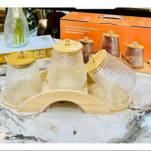 Set de 3 Boite de Rangement en Verre Borosilicate avec Support en Bois