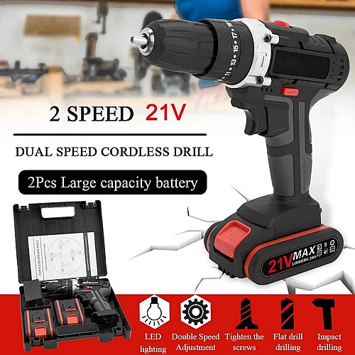 Perceuse, Visseuse et à percussion sans fil 3 en 1 avec 2 Batteries 21 V